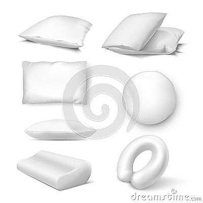 Pillows in white color assortment realistic mockups set. Cushions, bedclothing. Vector Illustration