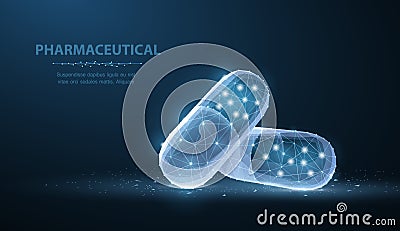 Pills. Abstract 3d polygonal wireframe two capsule pills on blue background with dots and stars. Vector Illustration