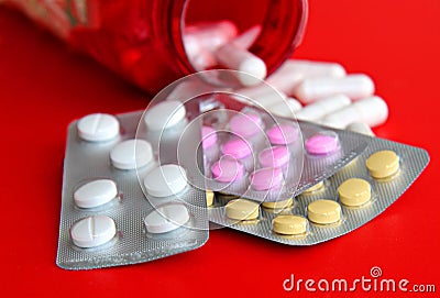 Pills and another drugs for illegal doping manipulations. Pharmacy antibiotic and antidepressant. Stock Photo