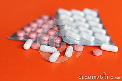 Pills and another drugs for illegal doping manipulations. Pharmacy antibiotic and antidepressant. Stock Photo