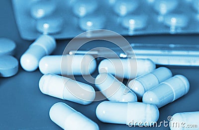 Pills and another drugs for illegal doping manipulations. Pharmacy antibiotic and antidepressant. Stock Photo