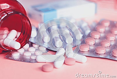 Pills and another drugs for illegal doping manipulations. Pharmacy antibiotic and antidepressant. Stock Photo