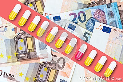 Pills on the background of Euro bills. Expensive treatment. Financial expenses. Finance. H Stock Photo