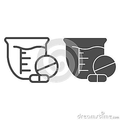 Pills and beaker line and glyph icon. Drug and glass vector illustration isolated on white. Tablets dose outline style Vector Illustration