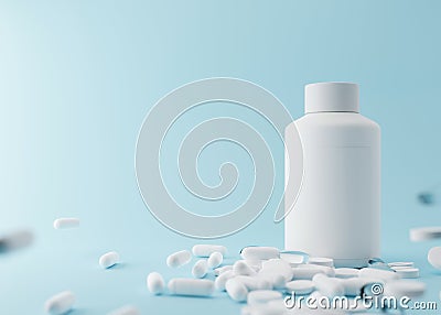 Pills and blank bottle on the light blue background. Medicines, tablets. Medical bottle mock up. Health, healthcare Stock Photo