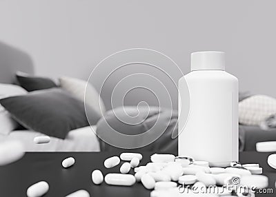 Pills and blank bottle on table at home. Medicines, tablets. Sick to be. Stay in bed. Medical bottle mock up. Illness Stock Photo