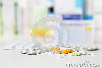 Pills and blister, medicine capsule, drugs and tablet boxes Stock Photo
