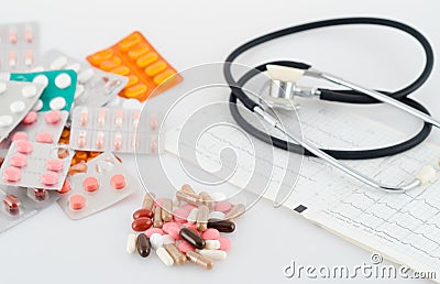Pills, blisters and a stethoscope Stock Photo