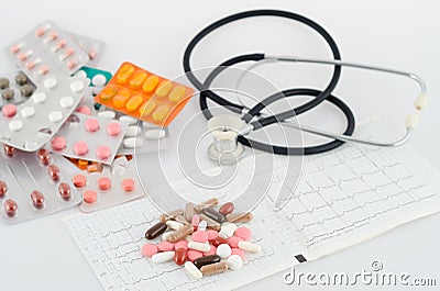 Pills, blisters and a stethoscope Stock Photo