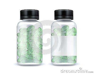 Pills bottle mockup, green medicine oval capsules Cartoon Illustration