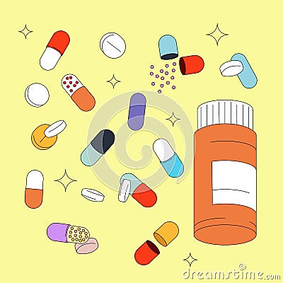 Pills Bottle Tablets And Capsules Vector Illustration