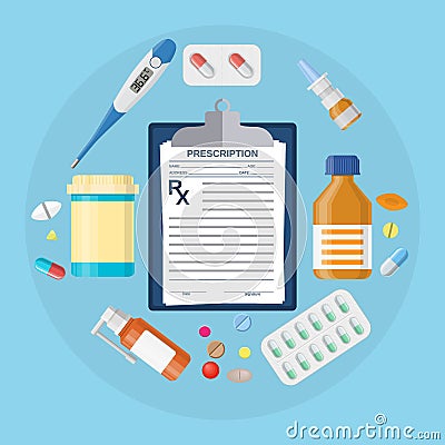 Pills bottles, tablets with medical prescription Vector Illustration