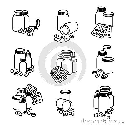 Pills and capsules elements set. Medical bottle collection. Vector Vector Illustration