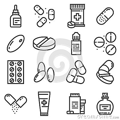 Pills and capsules icons set. Vector illustration. Pharmacy symbols. Cartoon Illustration