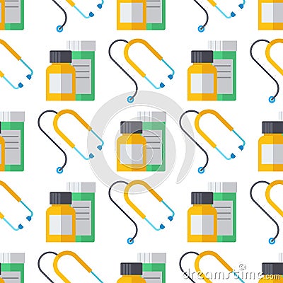 Pills and capsules seamless pattern background stethoscope flat painkiller pharmaceutical vector illustration. Vector Illustration