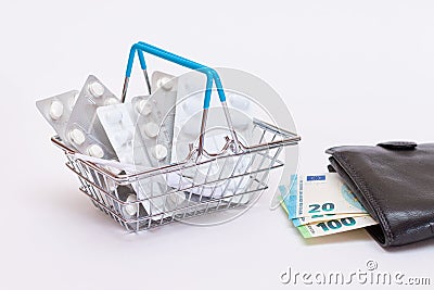 Pills and Capsules in a Shopping Basket and Black Wallet with Euro Money Stock Photo