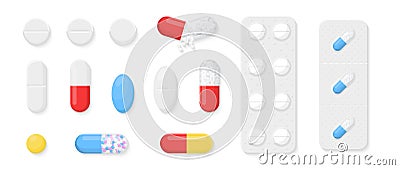 Pills, capsules and tablets set isolated on white background. Realistic drugs and medicines. Drugs, cure and remedy icons or logo Vector Illustration
