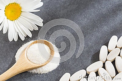 Pills and collagen protein powder in the spoon - Hydrolyzed Stock Photo