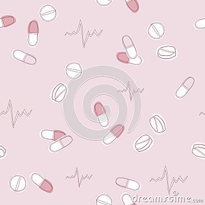Pills collection. Medical pills and capsules seamless pattern. Pink pharmacy background. Vector Illustration