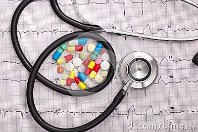 Stethoscope and colorful pills on Stock Photo