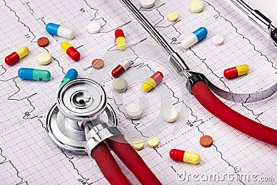 Stethoscope and colorful pills on Stock Photo