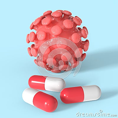 Pills for coronavirus. Covid-19 therapy. Pharmacy for virus. Ncov research. 3d render Stock Photo