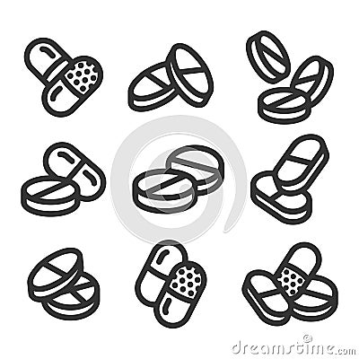 Pills and drugs compositions vector line style icon set Vector Illustration