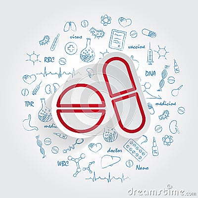 Pills icon on handdrawn healthcare doodles background. Vector Vector Illustration