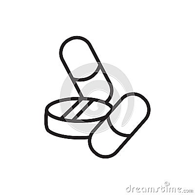 Pills icon. Pharmacy bottle sign. Medical drugs symbol. Linear outline icon. Speech bubble of dotted line. Vector Vector Illustration