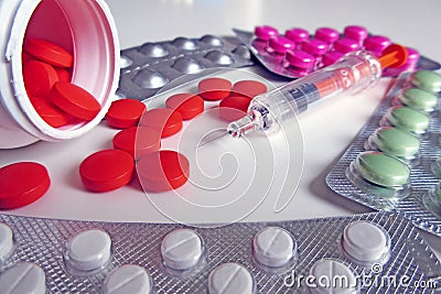 Pills and injection medicaments macro photo Stock Photo