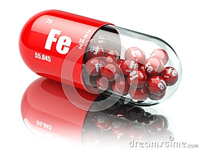 Pills with iron FE element Dietary supplements. Vitamin capsules Stock Photo