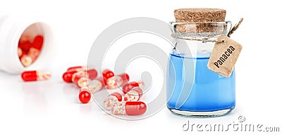 Pills and jar with healing potion panacea Stock Photo