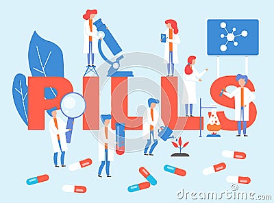 Pills laboratory with doctors group vector illustration. Doctors research on pharmacological drugs medications. Vector Illustration