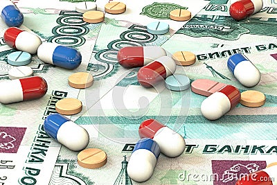 Pills lie on the background of rouble money. Medical business concept. Cartoon Illustration