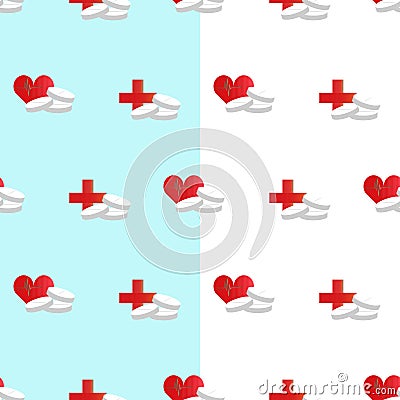 Pills, medical red cross, heart with a cardiogram. Pharmaceutical image seamless pattern on a blue white background. Pharmacy Vector Illustration