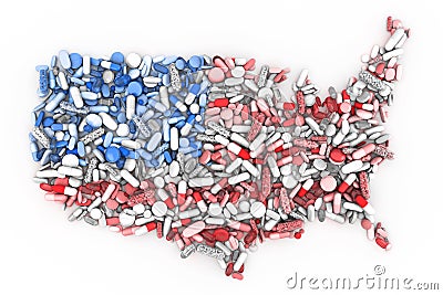 Pills and medication in the shape of the United States of America Stock Photo