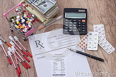 Pills, money syringe insulin. rx Stock Photo
