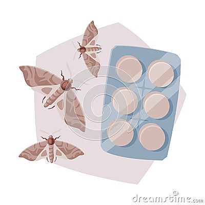 Pills Packing of Clothes Moth Insecticide, Pest Control Service, Detecting and Exterminating Insects Vector Illustration Vector Illustration