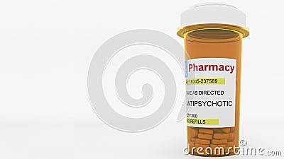 Antipsychotic pills in a prescription bottle. Conceptual 3D rendering Stock Photo