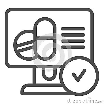 Pills recipe online line icon. Drugs recipe vector illustration isolated on white. Medical recipe on monitor outline Vector Illustration