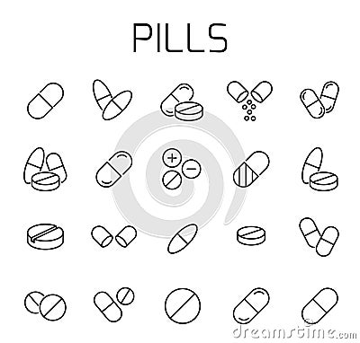 Pills related vector icon set. Vector Illustration