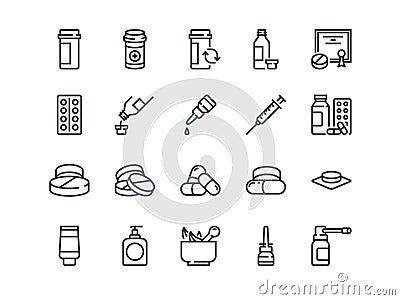 Pills. Set of outline vector icons. Includes such as Gel, Inhaler, Prescription Vector Illustration