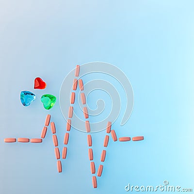 Pills in shape of cardiogram pulse on blue gradient background. One-to-one square shot for social networks. Heartbeat rhythm made Stock Photo