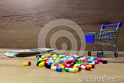 Pills in a shopping basket on a heap of American dollars. Economy concept of spending money on medicines and pills. Medical pill Stock Photo