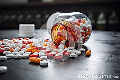 Pills spilling out of pill bottle on black wooden table with copy space, Prescription opioids open bottle with many bottles of Stock Photo