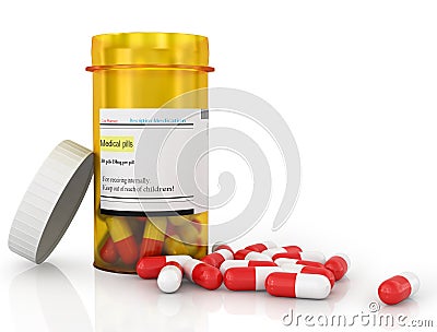 Pills spilling out of pill bottle Stock Photo