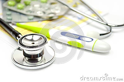Pills, stethoscope, medicine and thermometers Stock Photo