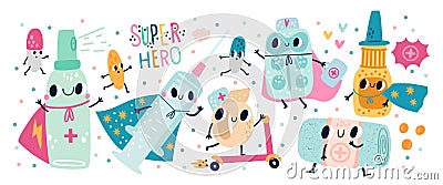 Pills super hero characters. Pharmaceutical tablets and syringe. Emotional cartoon medicines in fluttering capes. Happy Vector Illustration