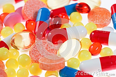 Pills, tablets and drugs closeup Stock Photo