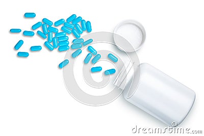 Pills, tablets, drugs, vitamins. White bottle with pill in capsule. Concept medicine for pharmacy, hospital, doctor`s office, dise Stock Photo